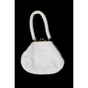 Vintage White Beaded Purse With Handle & Gold Clasp
